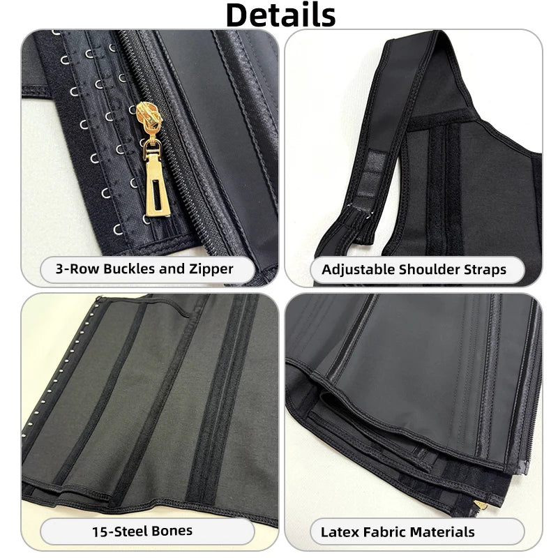 Fajas Colombianas 15-Steel Boned Shapewear Vest Body Shaper Women Waist Trainer Tummy Control Belt Latex Cincher Hook and Zipper