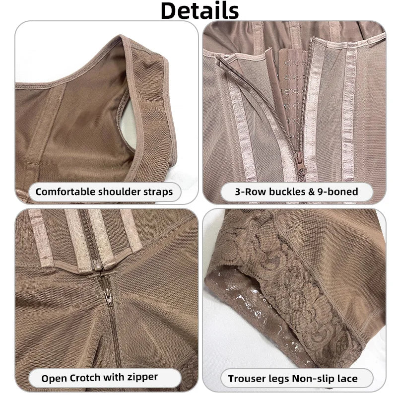 Colombian Fajas Shapewear Bodysuit Body Shaper Women 9-bone High Compression Girdles Double Tummy Control Full Body Open Crotch