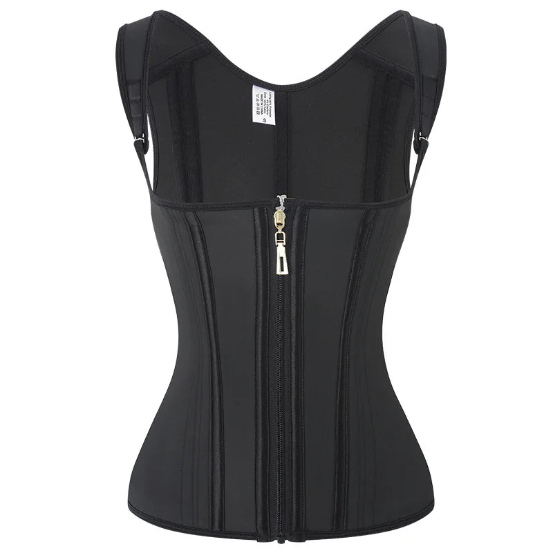 Fajas Colombianas 15-Steel Boned Shapewear Vest Body Shaper Women Waist Trainer Tummy Control Belt Latex Cincher Hook and Zipper