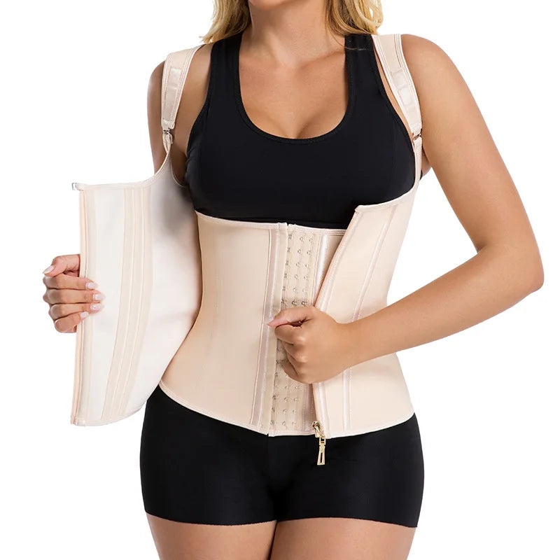 Fajas Colombianas 15-Steel Boned Shapewear Vest Body Shaper Women Waist Trainer Tummy Control Belt Latex Cincher Hook and Zipper