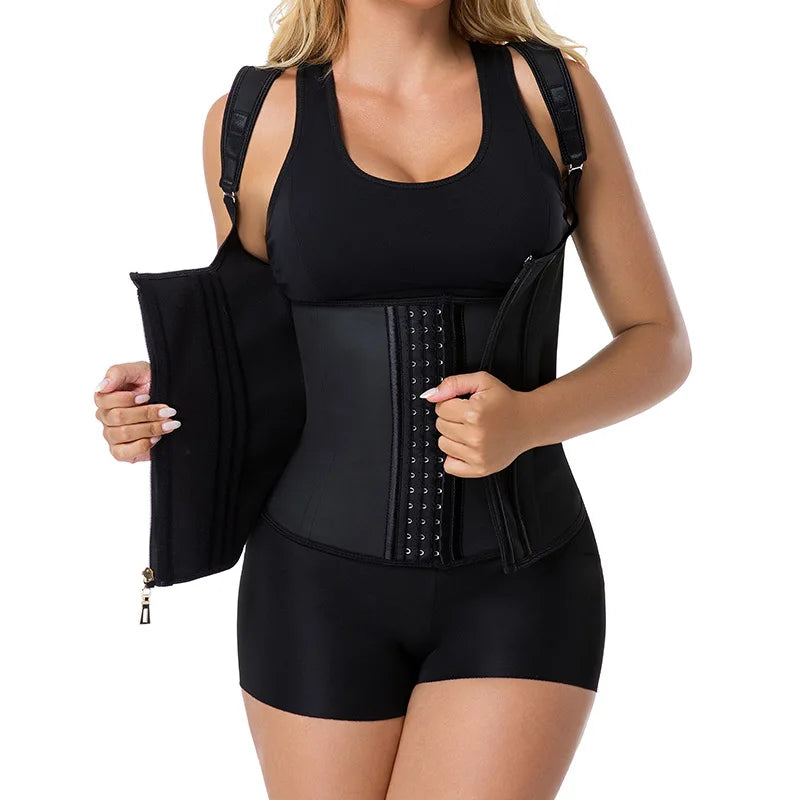 Fajas Colombianas 15-Steel Boned Shapewear Vest Body Shaper Women Waist Trainer Tummy Control Belt Latex Cincher Hook and Zipper