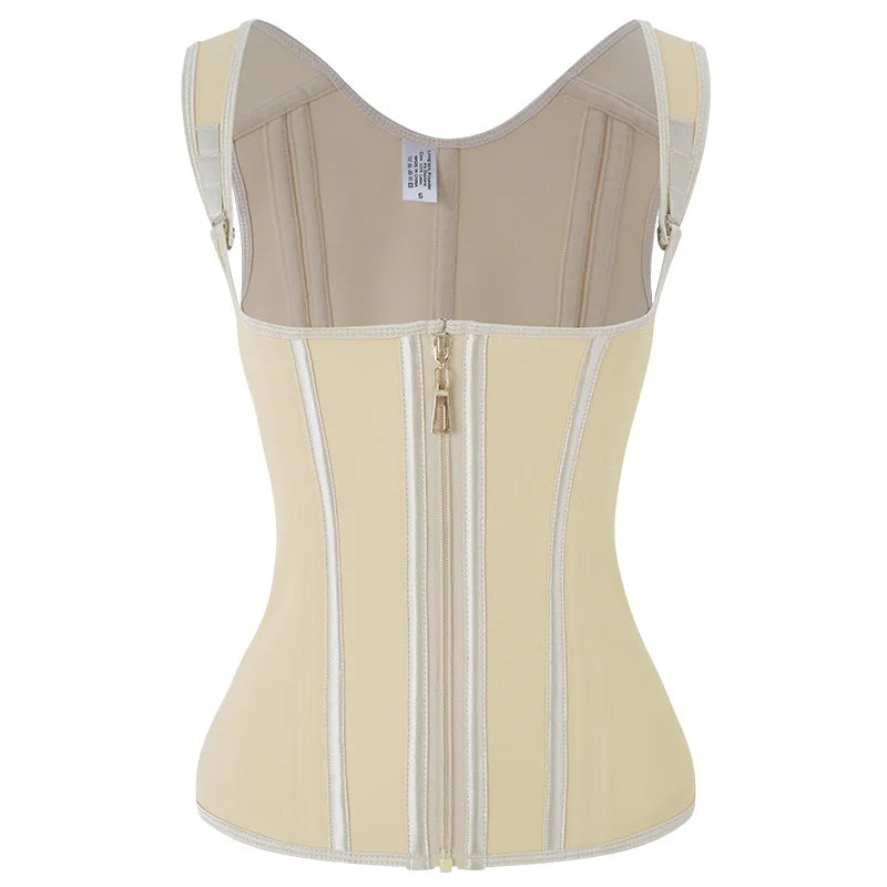 Fajas Colombianas 15-Steel Boned Shapewear Vest Body Shaper Women Waist Trainer Tummy Control Belt Latex Cincher Hook and Zipper