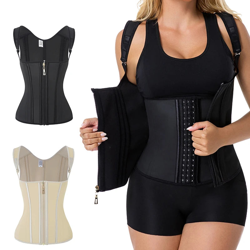 Fajas Colombianas 15-Steel Boned Shapewear Vest Body Shaper Women Waist Trainer Tummy Control Belt Latex Cincher Hook and Zipper