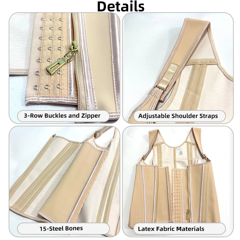 Fajas Colombianas 15-Steel Boned Shapewear Vest Body Shaper Women Waist Trainer Tummy Control Belt Latex Cincher Hook and Zipper